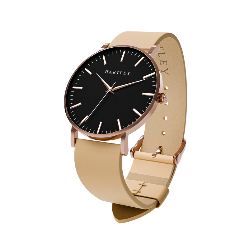 HERITAGE ROSE GOLD BLACK WITH BEIGE LEATHER ANGLED VIEW