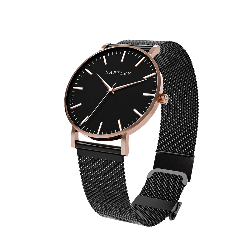 HERITAGE ROSE GOLD BLACK WITH BLACK MESH ANGLED VIEW