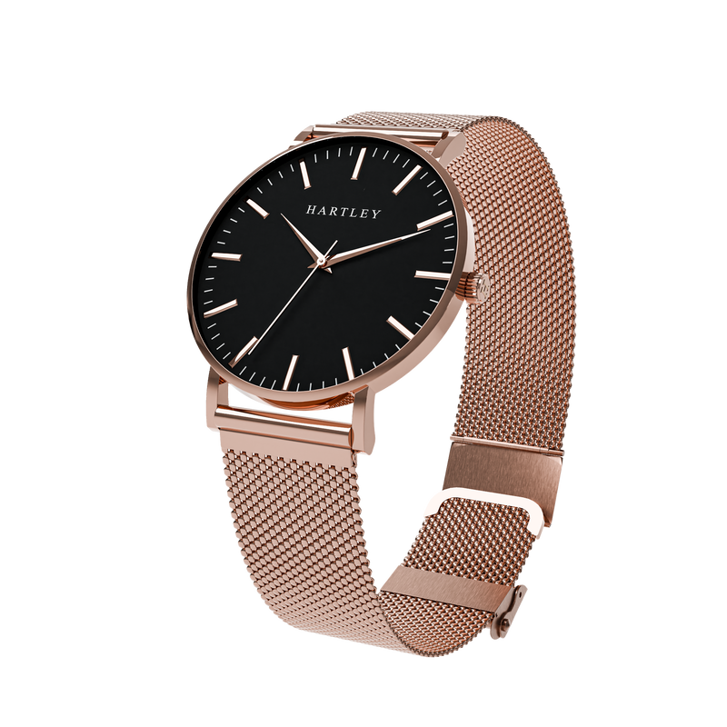 HERITAGE ROSE GOLD BLACK WITH ROSE GOLD MESH ANGLED VIEW