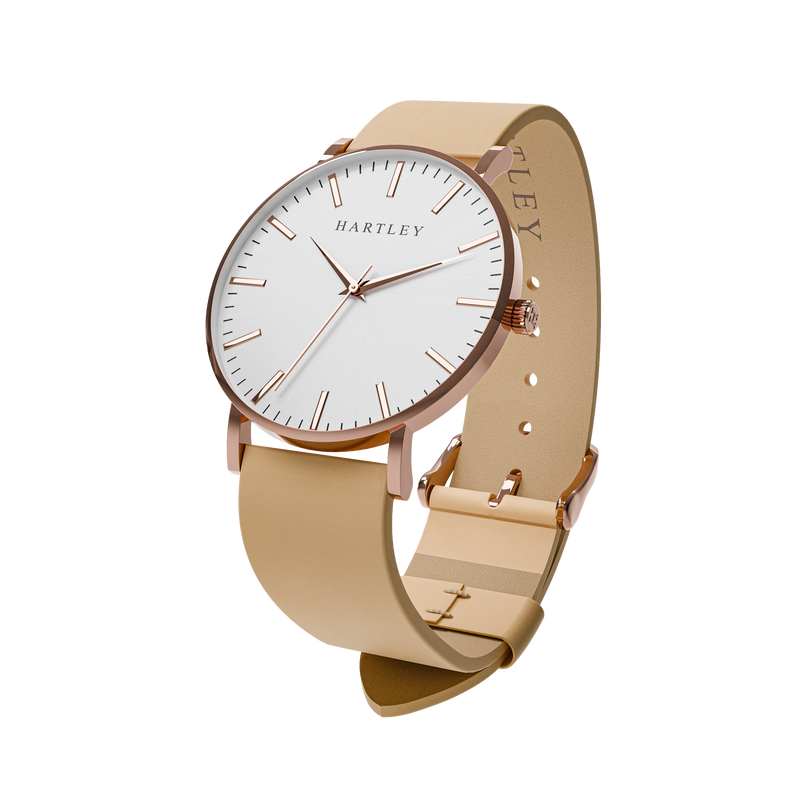 HERITAGE ROSE GOLD WHITE WITH BEIGE LEATHER ANGLED VIEW