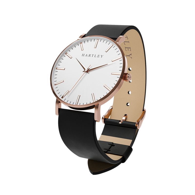 HERITAGE ROSE GOLD WHITE WITH BLACK LEATHER ANGLED VIEW
