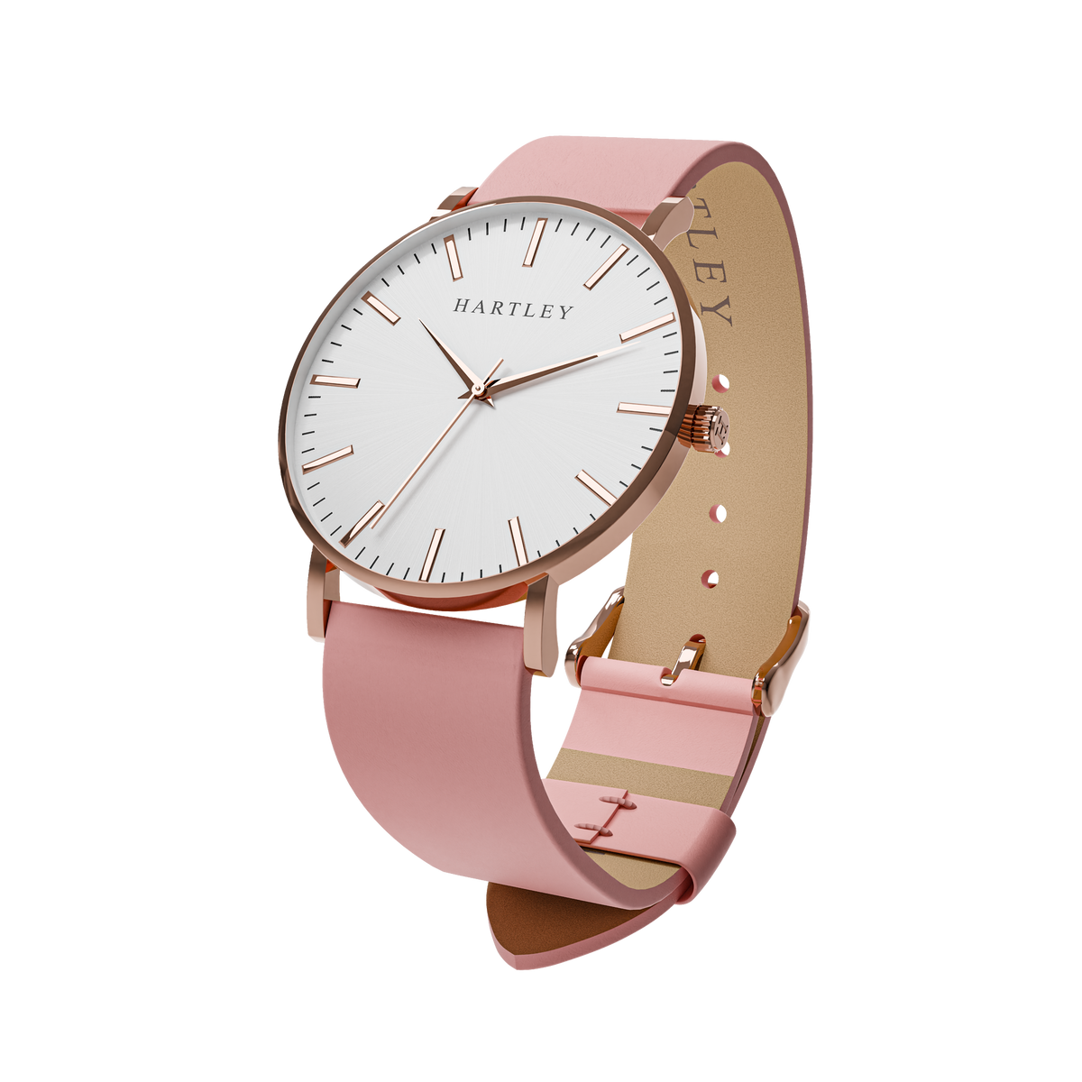 HERITAGE ROSE GOLD WHITE WITH PINK LEATHER ANGLED VIEW