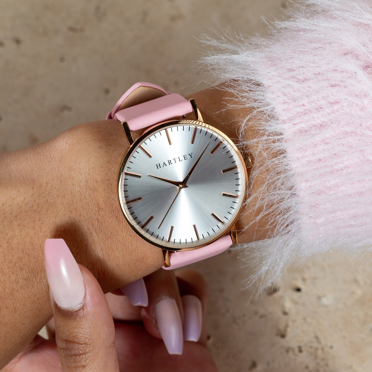 HERITAGE ROSE GOLD WHITE WITH PINK LEATHER ON WRIST