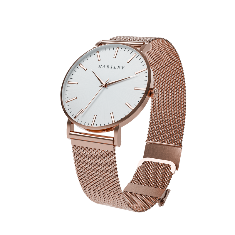 HERITAGE ROSE GOLD WHITE WITH ROSE GOLD MESH ANGLED VIEW