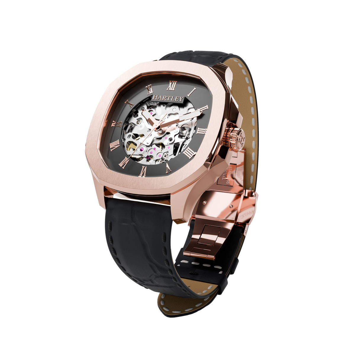 HARTLEY LEGACY ROSE GOLD BLACK CROC ANGLED VIEW
