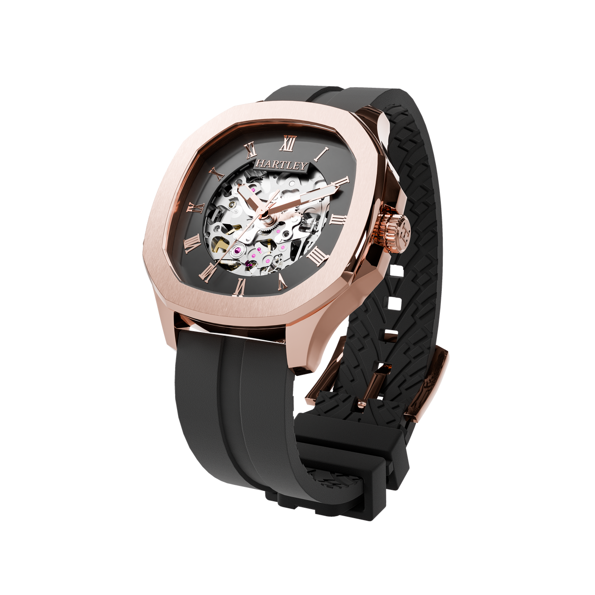 HARTLEY LEGACY ROSE GOLD BLACK SILICONE ANGLED VIEW