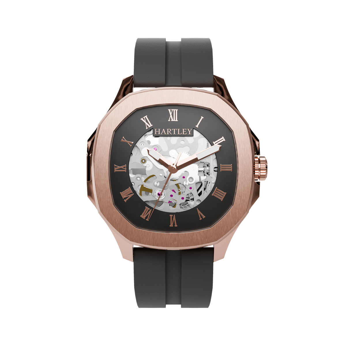 HARTLEY LEGACY ROSE GOLD BLACK SILICONE FRONT VIEW